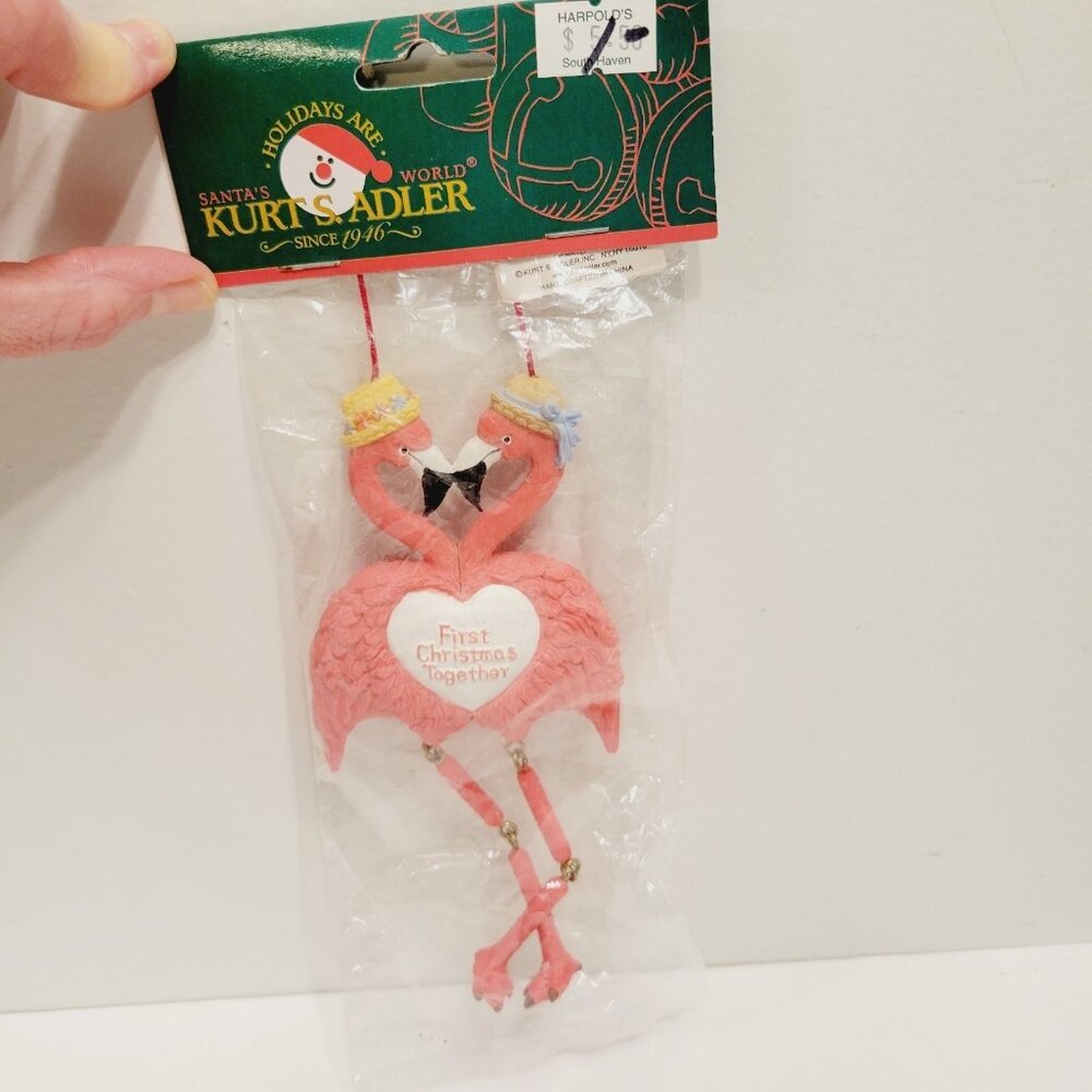Kurt Adler Kissing Pink Flamingos First Christmas Together Wooded Ornament